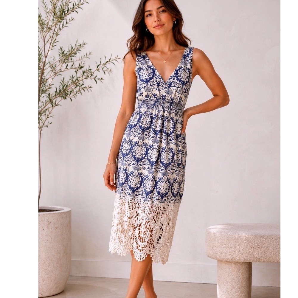 Sunday in‎ Brooklyn Navy Damask Smocked Waist Crochet Lace Hem Midi Dress M